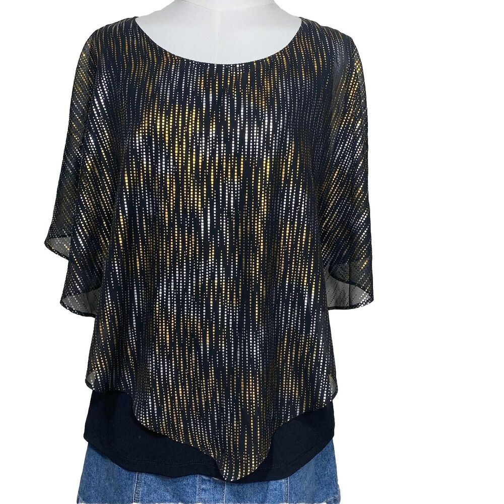 I.N. Studio Poncho Blouse Women S Black Gold Silver Metallic Foil‎ Layered Top
